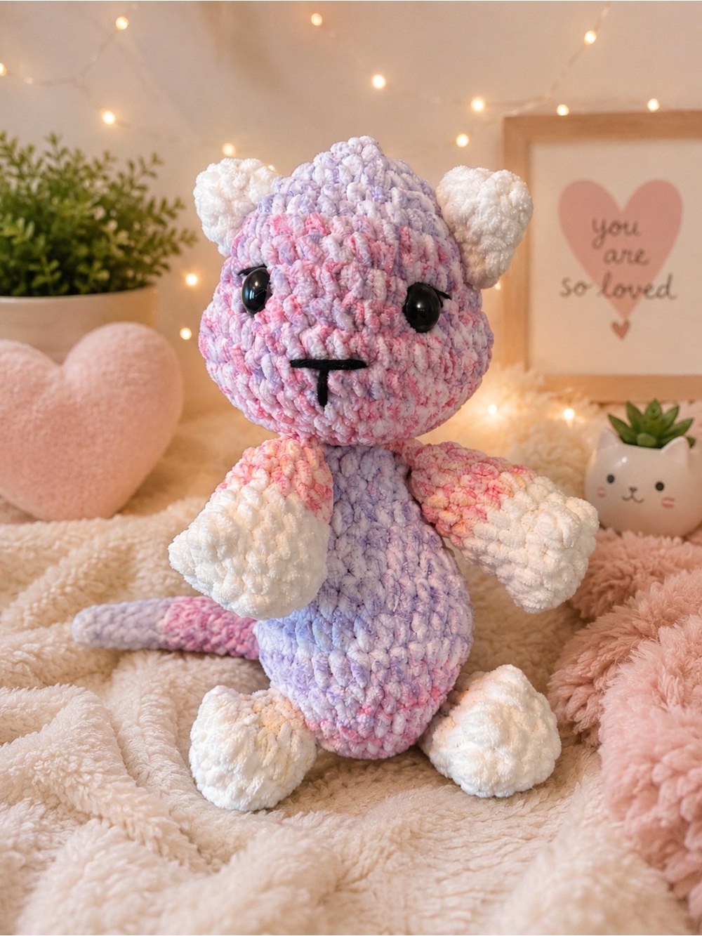 Handmade Plush Crochet Cat - Pastel Pink & Lavender